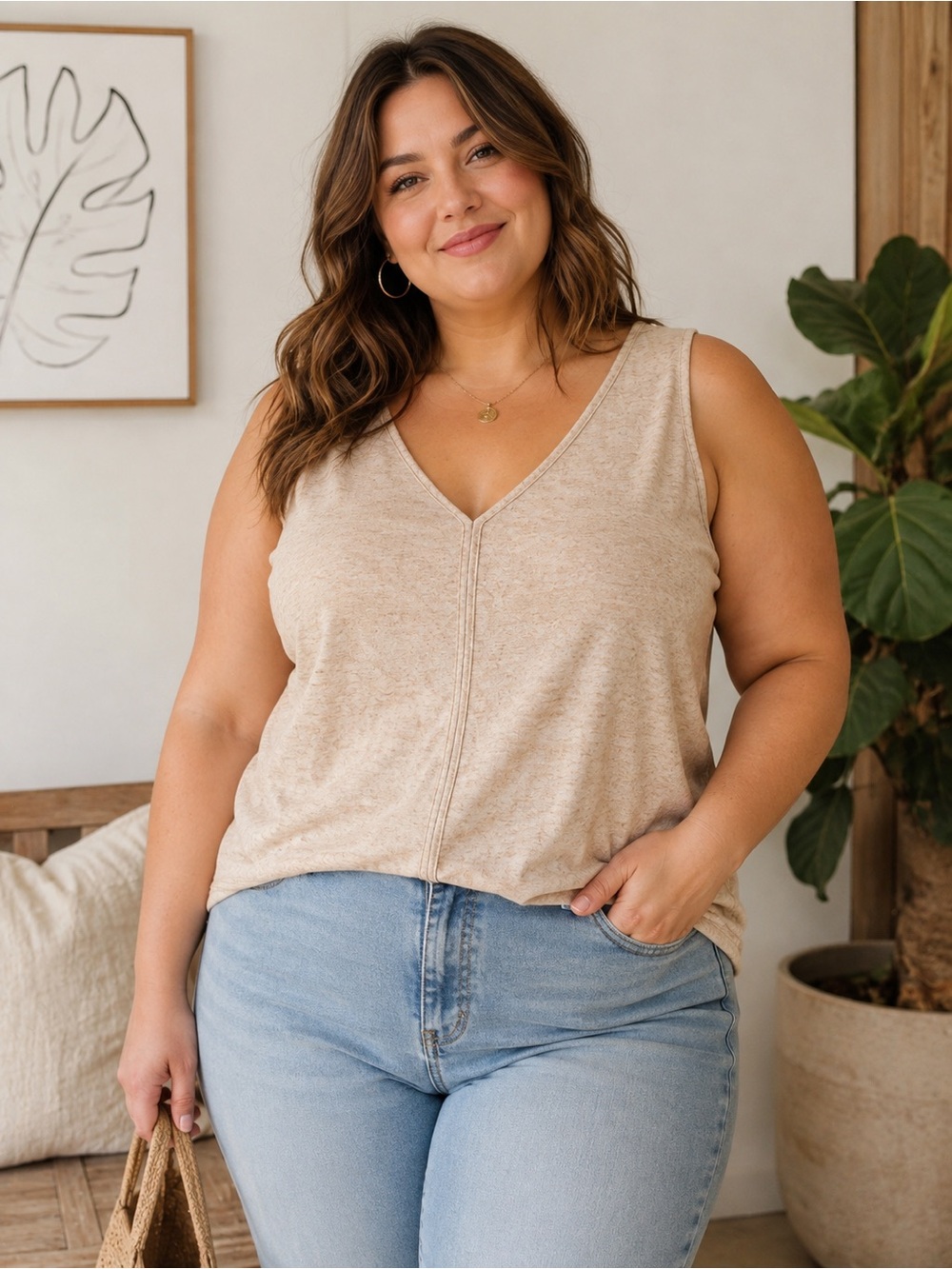 Reitmans Beige Sleeveless V-Neck Tank Top 2X Plus Size Casual Neutral